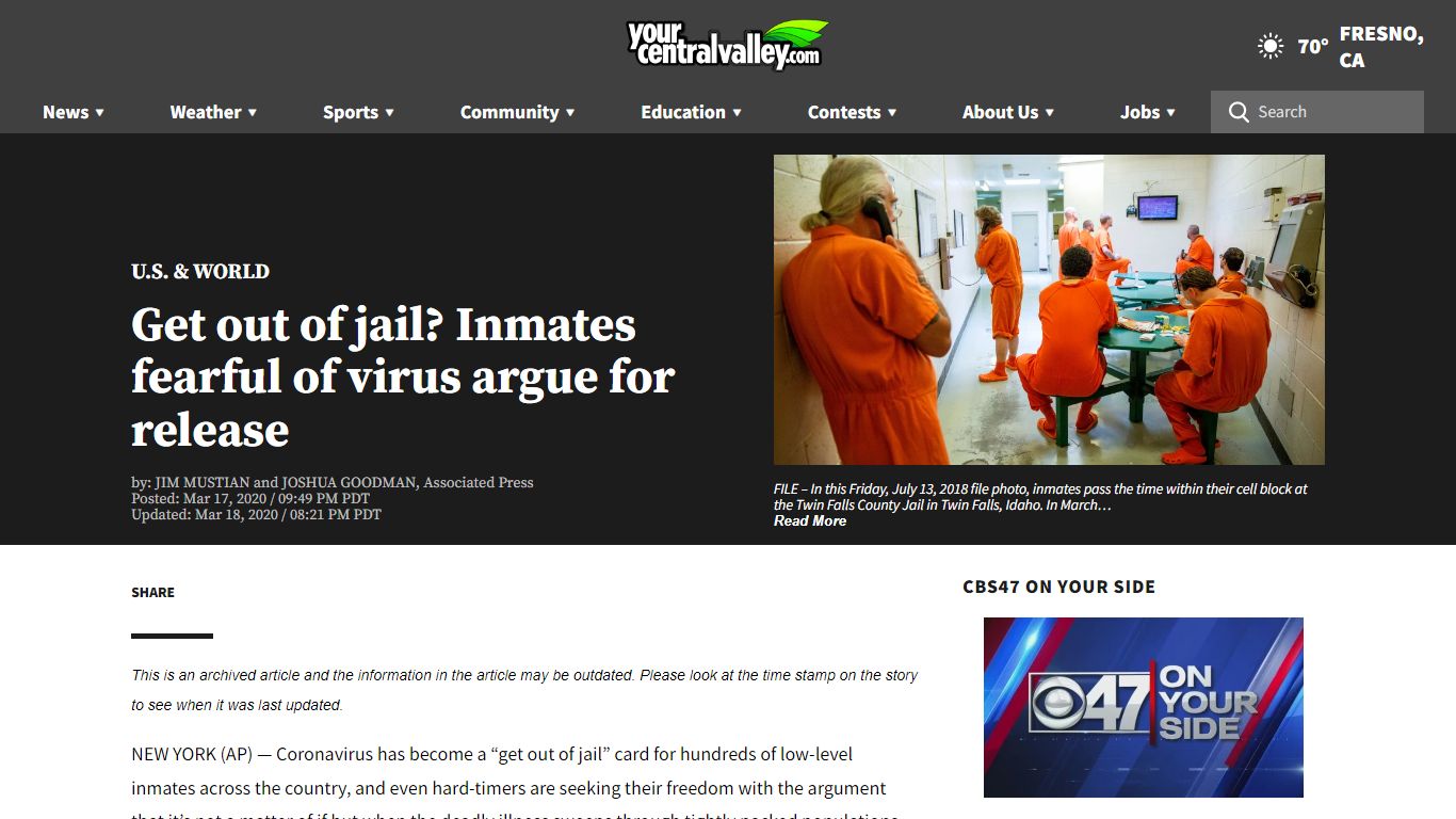 Get out of jail? Inmates fearful of virus argue for ...